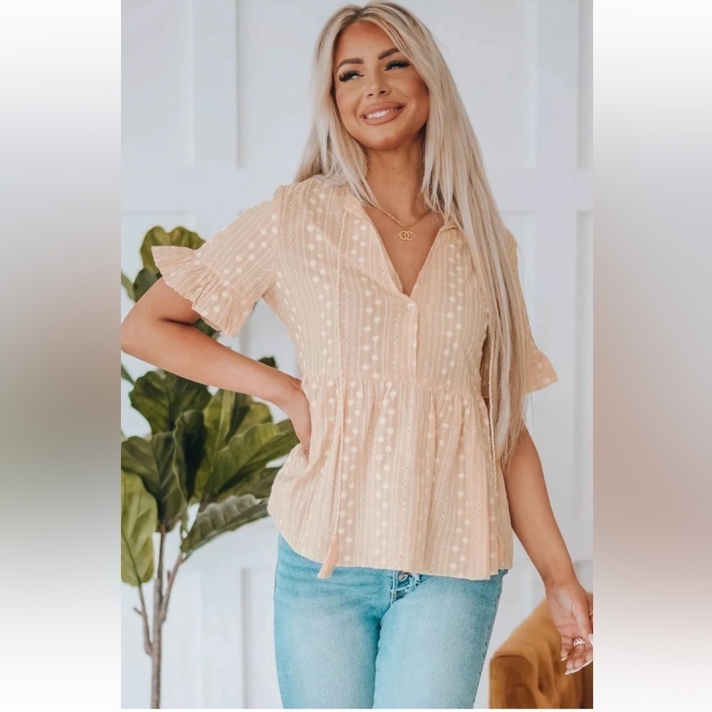 Bella Mia Boutique Top Babydoll Women’s Sz Small Short Sleeve V Neck khaki Boho